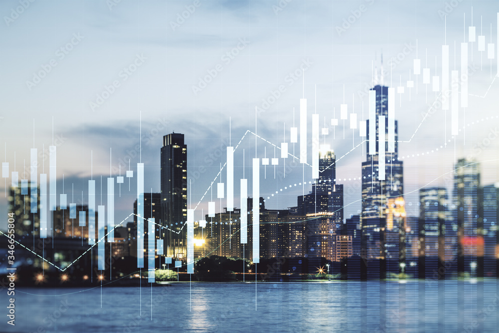 Fototapeta premium Wielokrotna ekspozycja wirtualnego kreatywnego hologramu wykresu finansowego na tle drapaczy chmur w Chicago, koncepcja badań i analiz