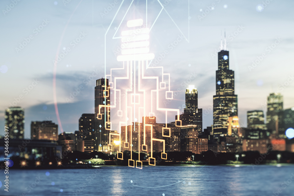 Double exposure of virtual creative light bulb hologram with chip on Chicago city skyscrapers background, idea and brainstorming concept