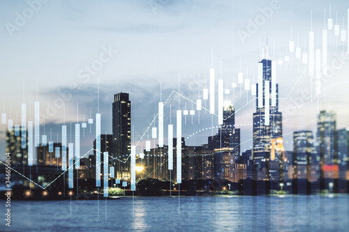 Multi exposure of virtual creative financial chart hologram on Chicago skyscrapers background  research and analytics concept