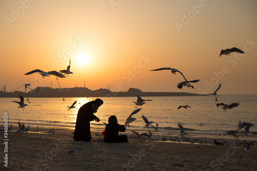 Silhouettes of arab women feeding gulls at sunset beach in Dubai