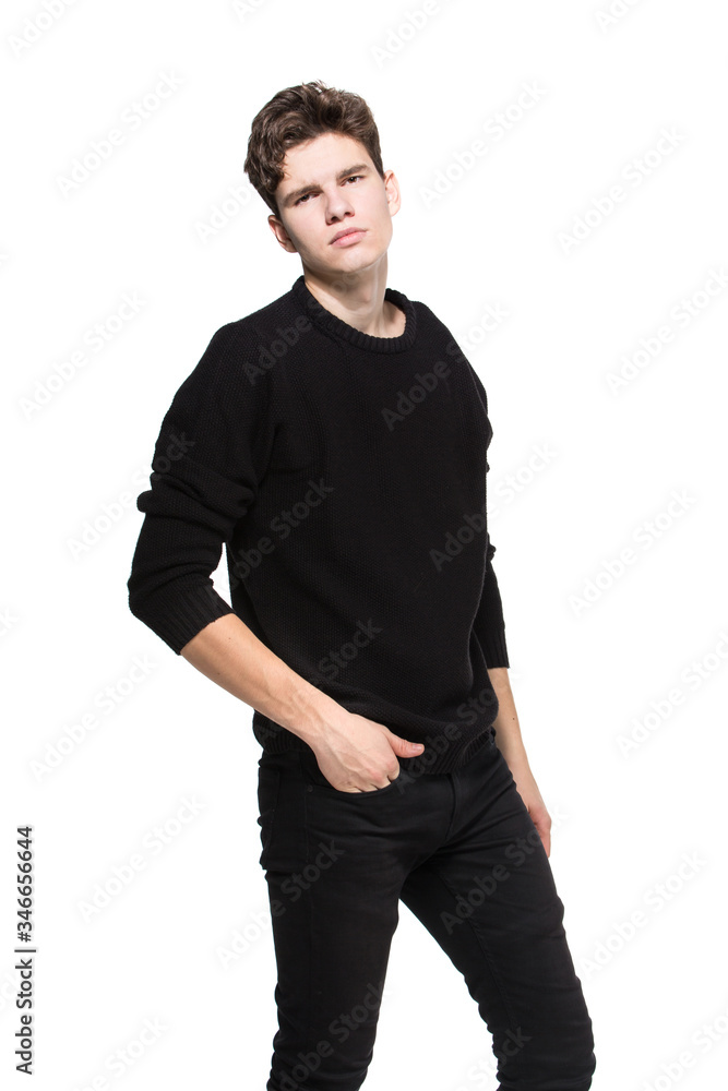 Handsome Fashion Man In Black Sweatshirt Posing On White Background. Model Test. Mock-up Sweatshirt. Fashion and people concept. stylish trendy young man dressed in casual clothes posing in studio Handsome Fashion Man In Black Sweatshirt Posing On White Background. Model Test. Mock-up Sweatshirt. Fashion and people concept. stylish trendy young man dressed in casual clothes posing in studio