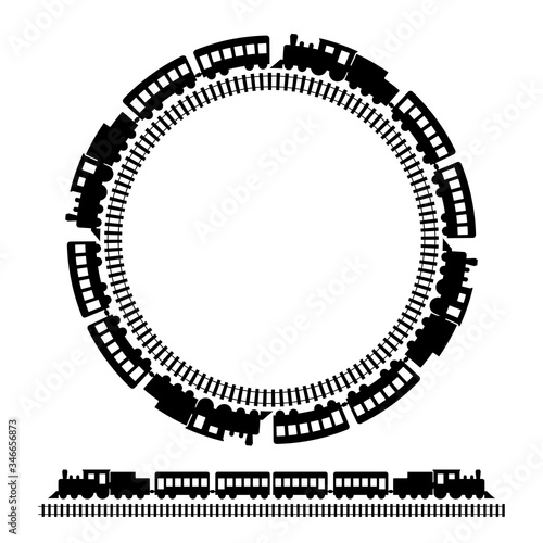 Old locomotive and round railway icon isolated on white vector illustration