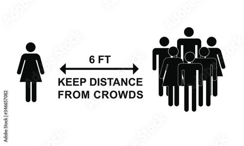 Social distancing illustration silhouettes of people standing in large group and a person standing 6ft away, Covid-19 outbreak prevention. 