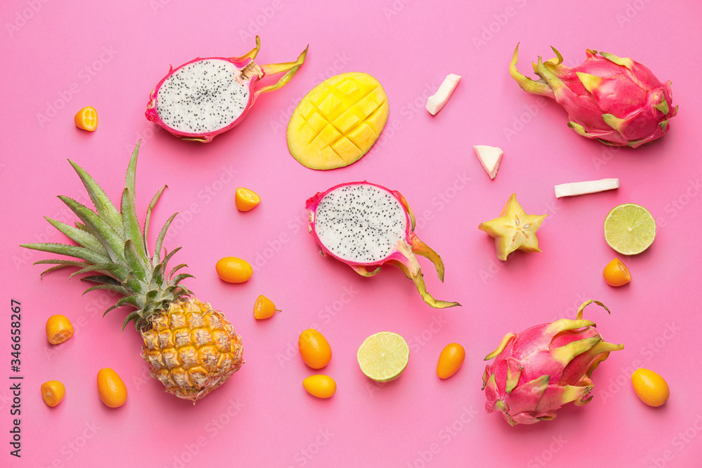 Tasty exotic fruits on color background Tasty exotic fruits on color background