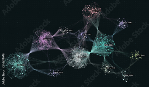 Big data visualization. Cluster computing network. Social media connections. Web of connected nodes.