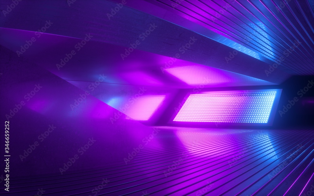 3d render, abstract neon light background, glowing panels in ultraviolet light, futuristic power generating technology - obrazy, fototapety, plakaty 