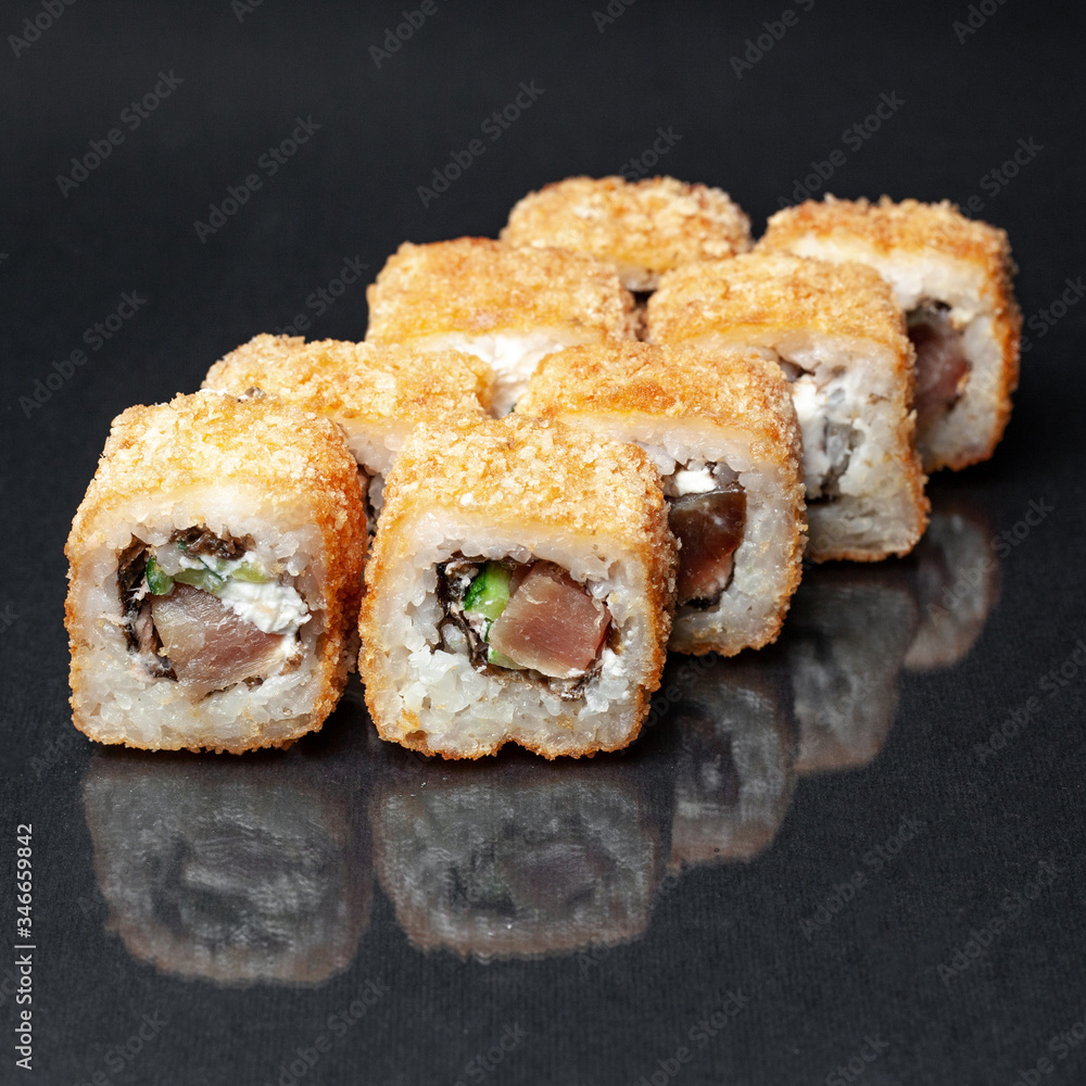 diverse delicious sushi roll set on a black background with reflection, menu diverse delicious sushi roll set on a black background with reflection, menu