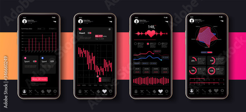 Different UI, UX, GUI screens fitness app for health. flat web icons for mobile apps, responsive website including. Web design and mobile template. Fitness app interface design black design. Vector