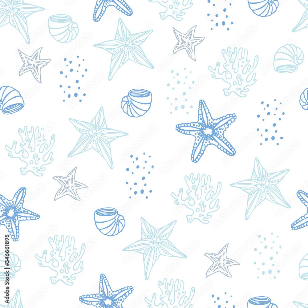 Seamless marine reef pattern with seashells, coral, and starfish. For fabric, textile, linens, invitations, prints. Hand drawn vector background. 