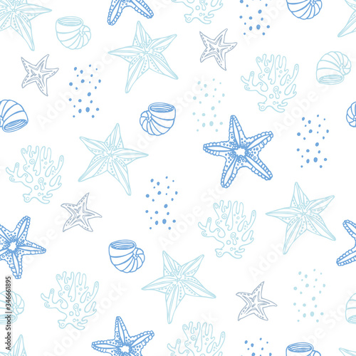 Seamless marine reef pattern with seashells, coral, and starfish. For fabric, textile, linens, invitations, prints. Hand drawn vector background. 