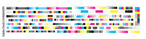 CMYK print test control scales. Vector set color bar CMYK and test chart offset. Print control strips color cmyk for prepress and print.