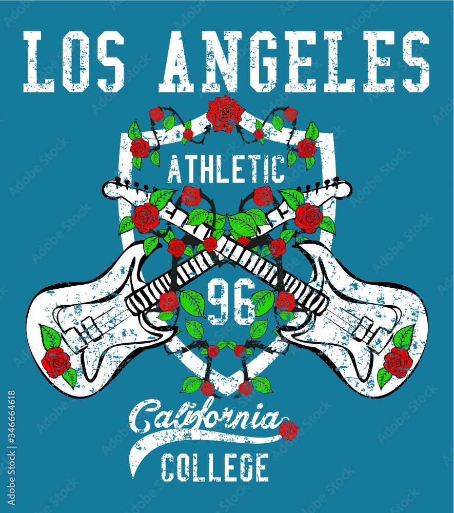 California rock guitar and rose print embroidery graphic design vector art