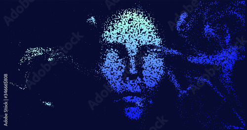 Human head made of partices on dark background. Face made with generative computer art algorithm. Concept of artificial intelligence, identification and recognition systems.