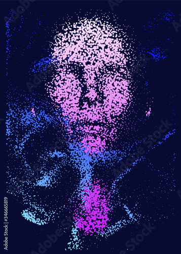 Human head made of partices on dark background. Face made with generative computer art algorithm. Concept of artificial intelligence, identification and recognition systems.