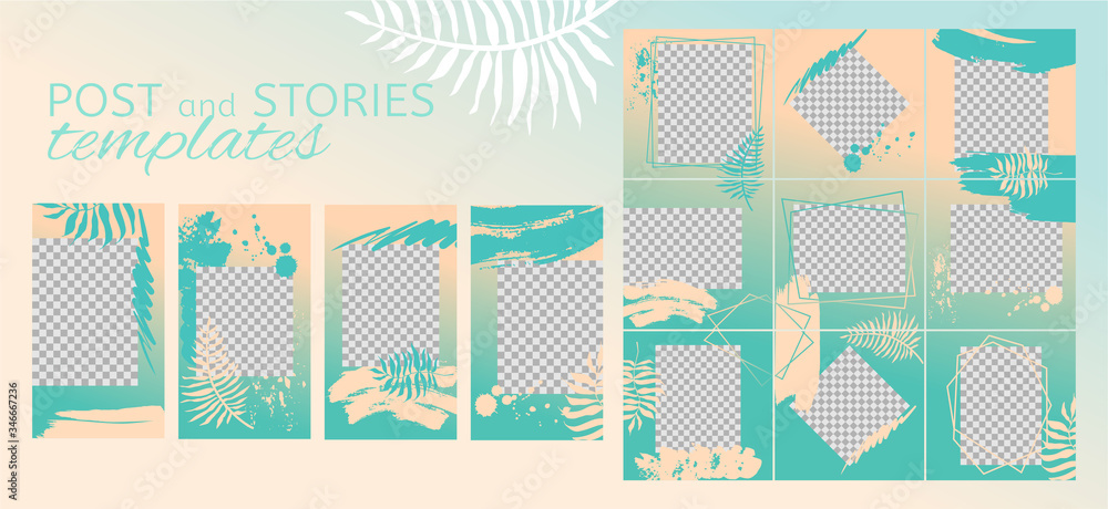 Editable layout templates for social media posts and stories, mobile apps, banner or flyer design. Puzzle textured background with brush strokes and tropical leaves