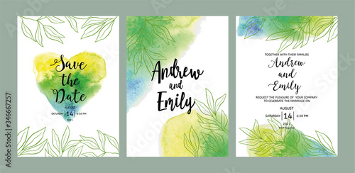 Set of wedding floral invitation, Save the Date card template. Green leaves a...