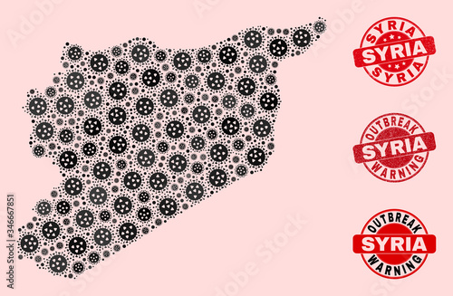 Outbreak collage of flu viral mosaic Syria map and scratched seals. Vector red seals with distress rubber texture and Outbreak Warning caption. Mosaic Syria map constructed with coronavirus,