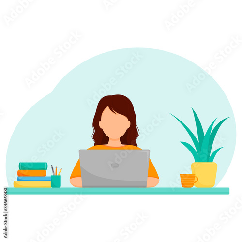 Concept of online study, freelance or remote work, girl with laptop at the table.