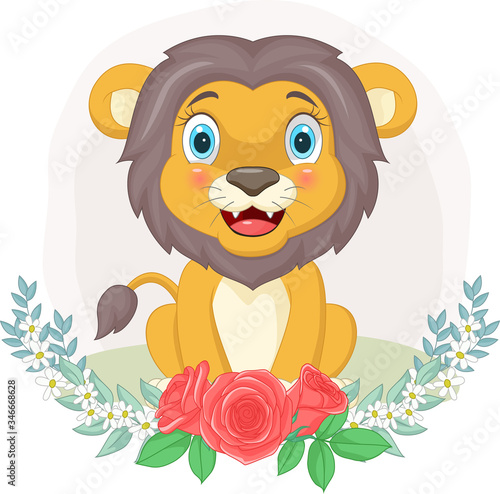 Cartoon cute lion sitting with flowers background