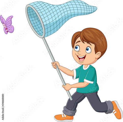 Cartoon boy catching a butterfly
