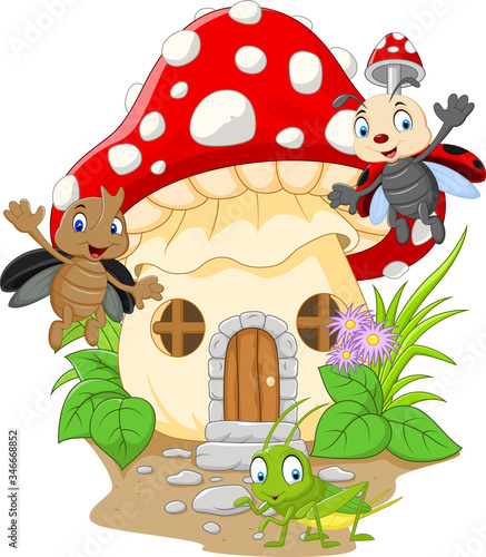 Cartoon funny insects with mushroom house