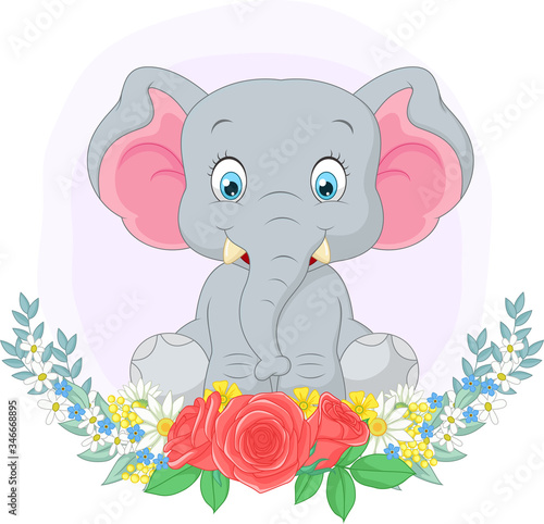 Cartoon cute elephant sitting with flowers background