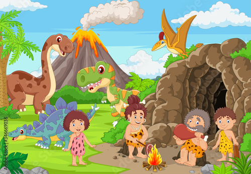 Group of cartoon cavemen and dinosaurs in the forest