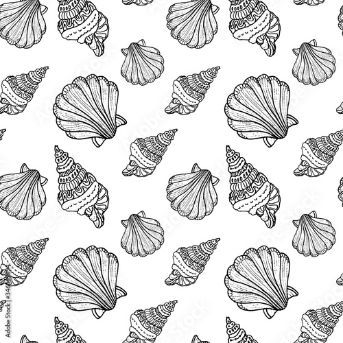 Outline scallop on white backdrop. Seashell seamless pattern for wallpaper, wrap paper, sleeper, bath tile, apparel or bed linen. Phone case or cloth print. Doodle style stock vector illustration