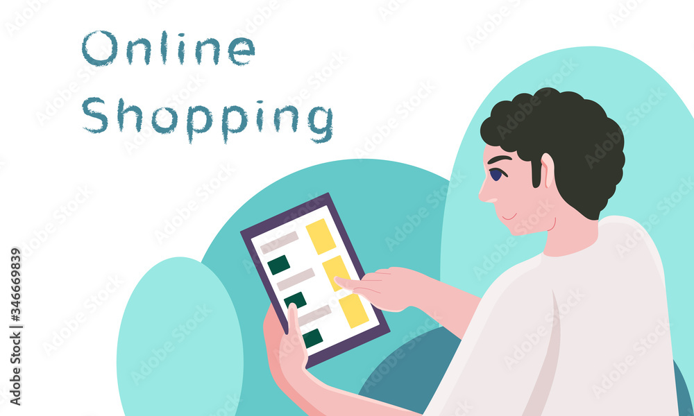 Online shopping text on white backdrop. Internet order with copy space for social banner, web store or courier service poster. Online shop logo or info card. Flat style stock vector illustration Online shopping text on white backdrop. Internet order with copy space for social banner, web store or courier service poster. Online shop logo or info card. Flat style stock vector illustration