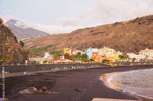 Purto de Tazacorte beach and town at sunset in La Palma photo