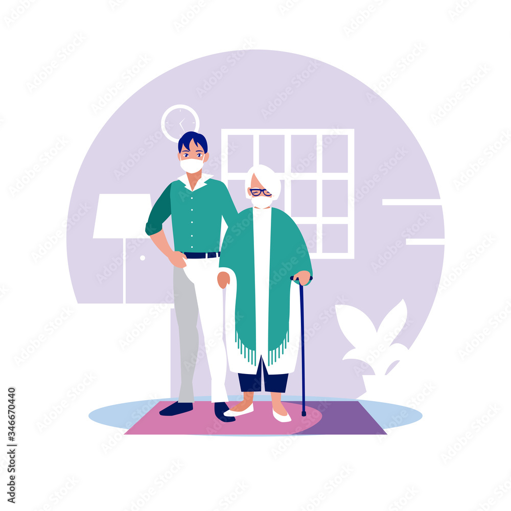 Fototapeta premium Man and grandmother with mask at home vector design