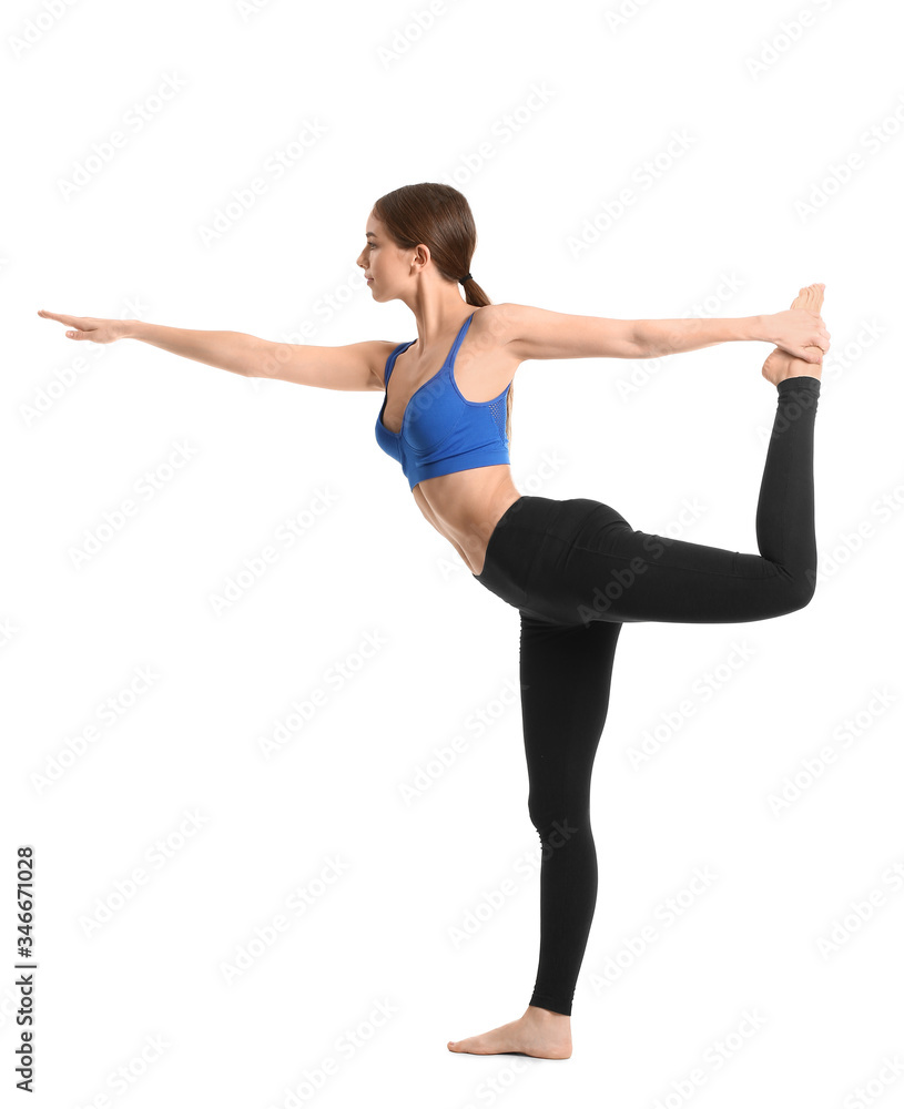 Sporty young woman training against white background