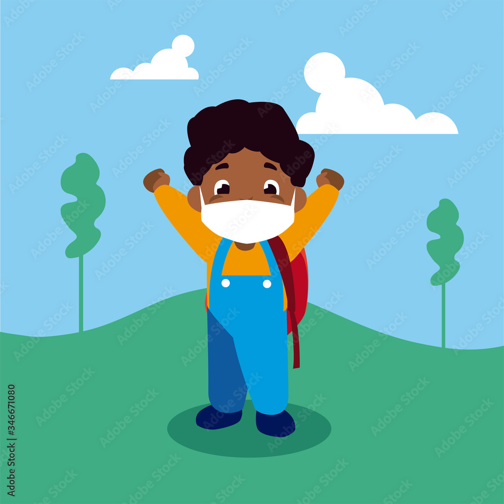 Boy kid cartoon with mask and school bag at park vector design