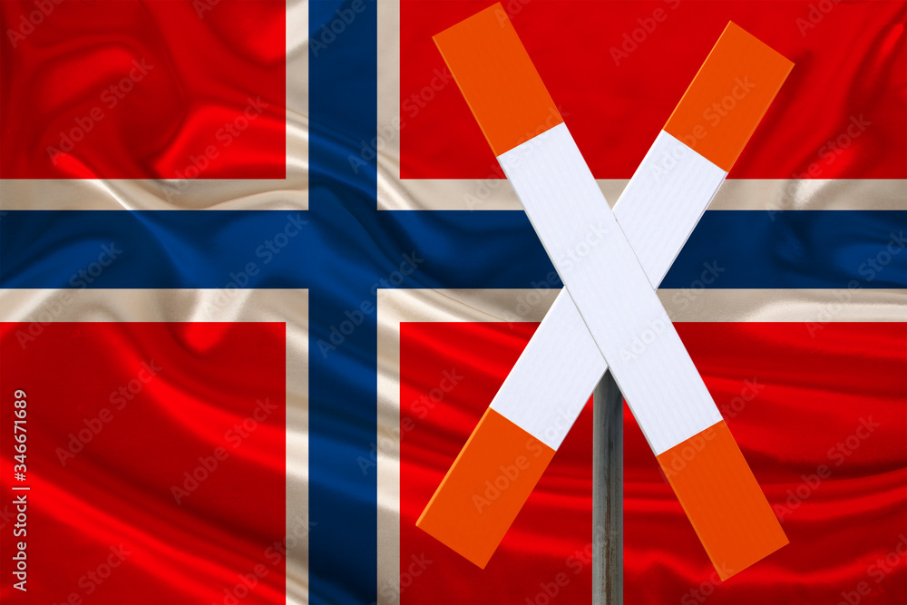 Fototapeta premium customs sign, stop, attention to the background of the silk national flag of Norway, the concept of border and customs control, violation of the state border, tourism restrictions
