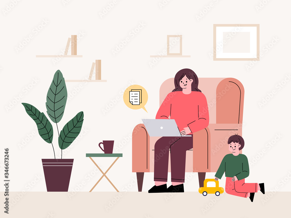 Woman telecommuting at home. working while taking care of child. freelancer, Parental leave. Woman telecommuting at home. working while taking care of child. freelancer, Parental leave.