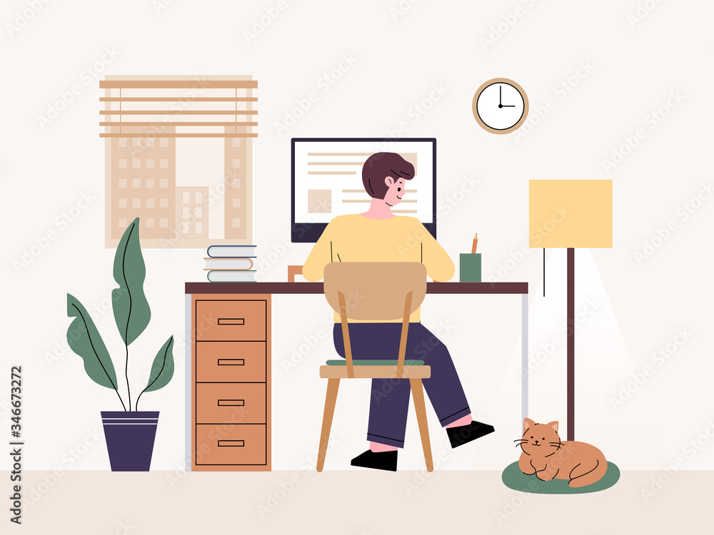 Man freelancer. Working at home on a computer Telecommuting at home. Man freelancer. Working at home on a computer Telecommuting at home.