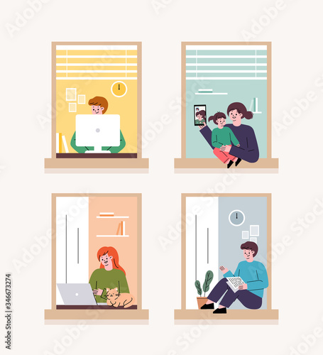 People looking through the window. In the event of a corona virus, People are self-isolation in homes. Telecommuting at home.