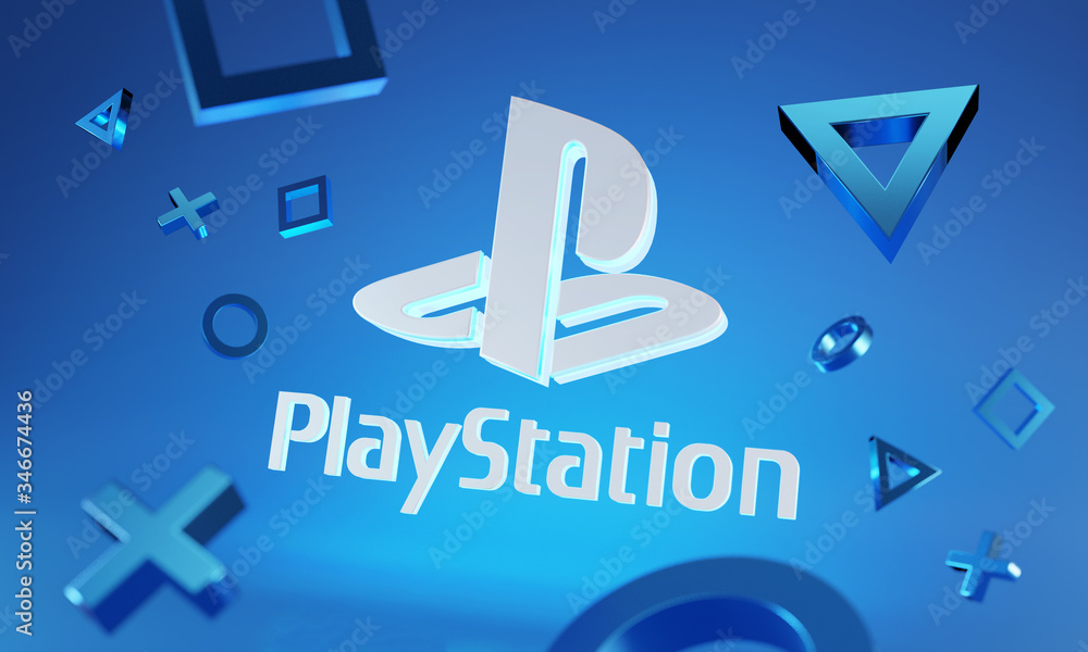 Playstation Logo Glow on Blue Background Around 3D Console Joystick Button  Symbol Stock Illustration | Adobe Stock