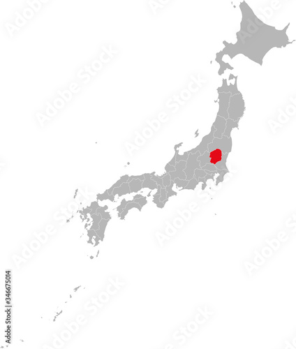 Tochigi province highlighted red on Japan map. Gray background. Business concepts and backgrounds.