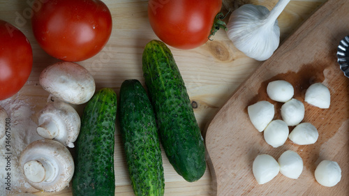 
Food preparation composition, basil, tomatoes, oil, cucumbers, garlic