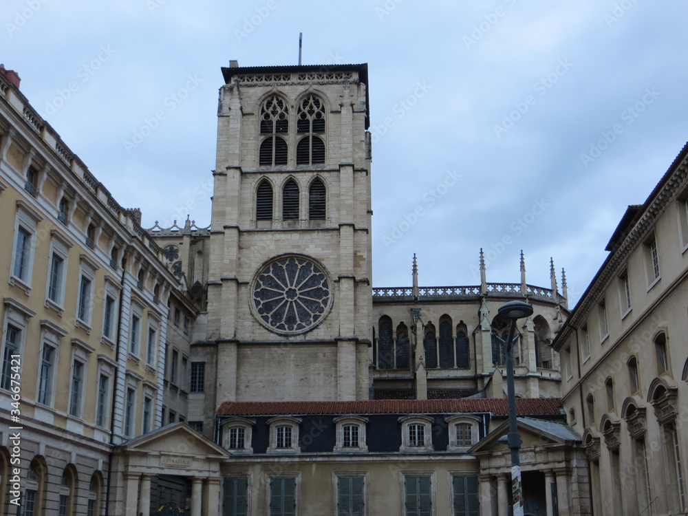 The  Lyon Cathedral (Cathedrale Saint-Jean-Baptiste de Lyon) and the 5th Library - Saint John Episcopal Palace (Bibliothèque du 5e - Palais Saint-Jean), France.
