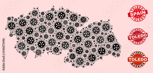 Outbreak composition of virus mosaic Toledo Province map and rubber stamps. Vector red watermarks with unclean rubber texture and Outbreak Warning caption.