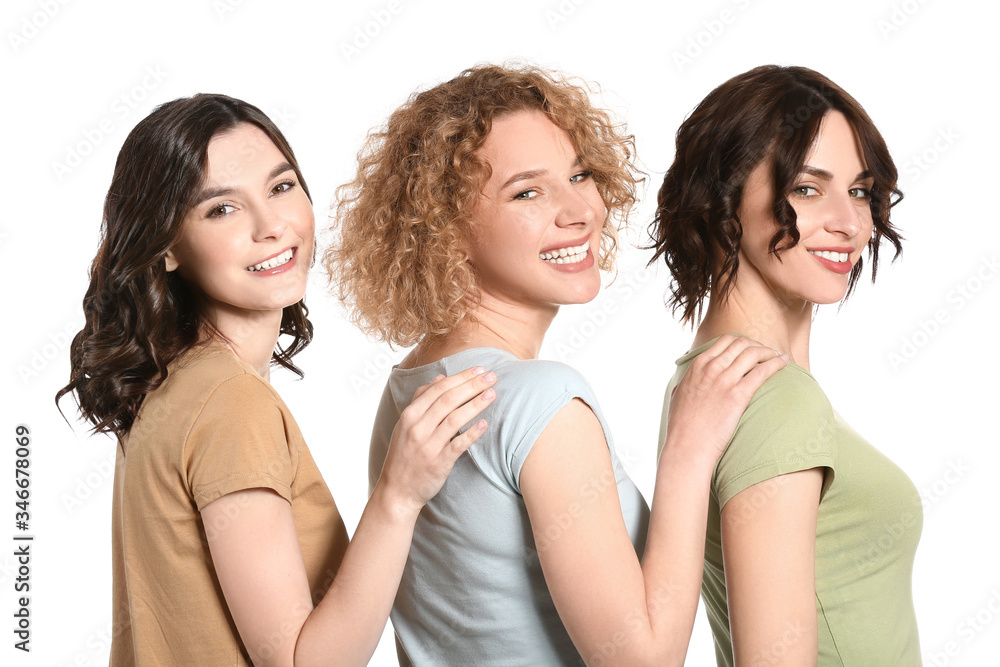 Young women with beautiful short hair on white background Young women with beautiful short hair on white background
