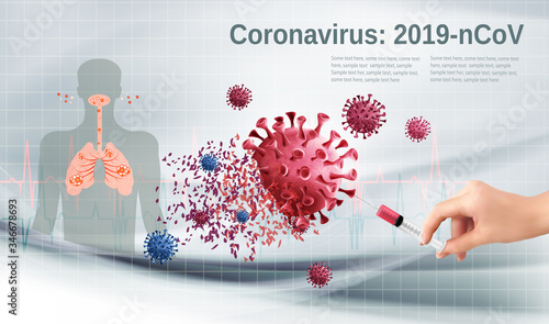 Stop Coranavirus concept. Hand holding syringe with vaccine destroying virus COVID - 19 molecules. Vector illustration