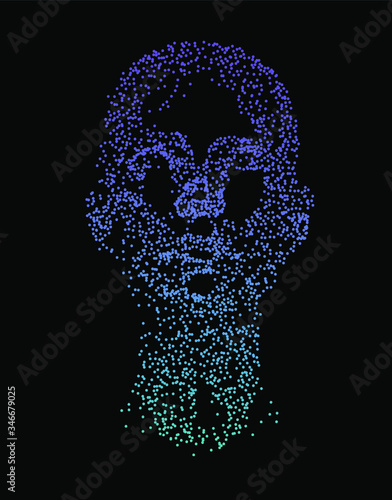 Human head made of partices on dark background. Face made with generative computer art algorithm. Concept of artificial intelligence, identification and recognition systems.