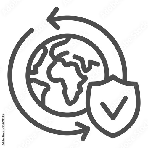 Planet with arrows and shield line icon, logistic and delivery symbol, Global safety exchange vector sign on white background, worldwide delivery globe icon in outline. Vector graphics.