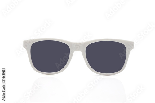 Front view of Cool sunglasses white plastic frame with mirror lens isolated on white background with clipping path. Accessory for wearing fashion protection sunlight. Tropical summer vacation concept.