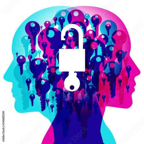 A Male and Female side silhouette profile overlaid with various blending semi-transparent key shapes. Overlaid in the centre is a solid white “OPEN” Padlock icon.