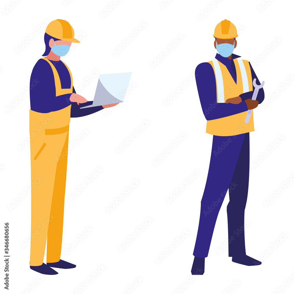 industrial workers men working with face mask industrial workers men working with face mask