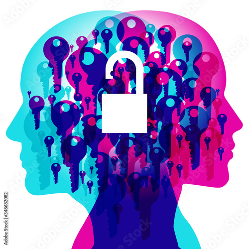 A Male and Female side silhouette profile overlaid with various blending semi-transparent key shapes. Overlaid is a solid white closed padlock.